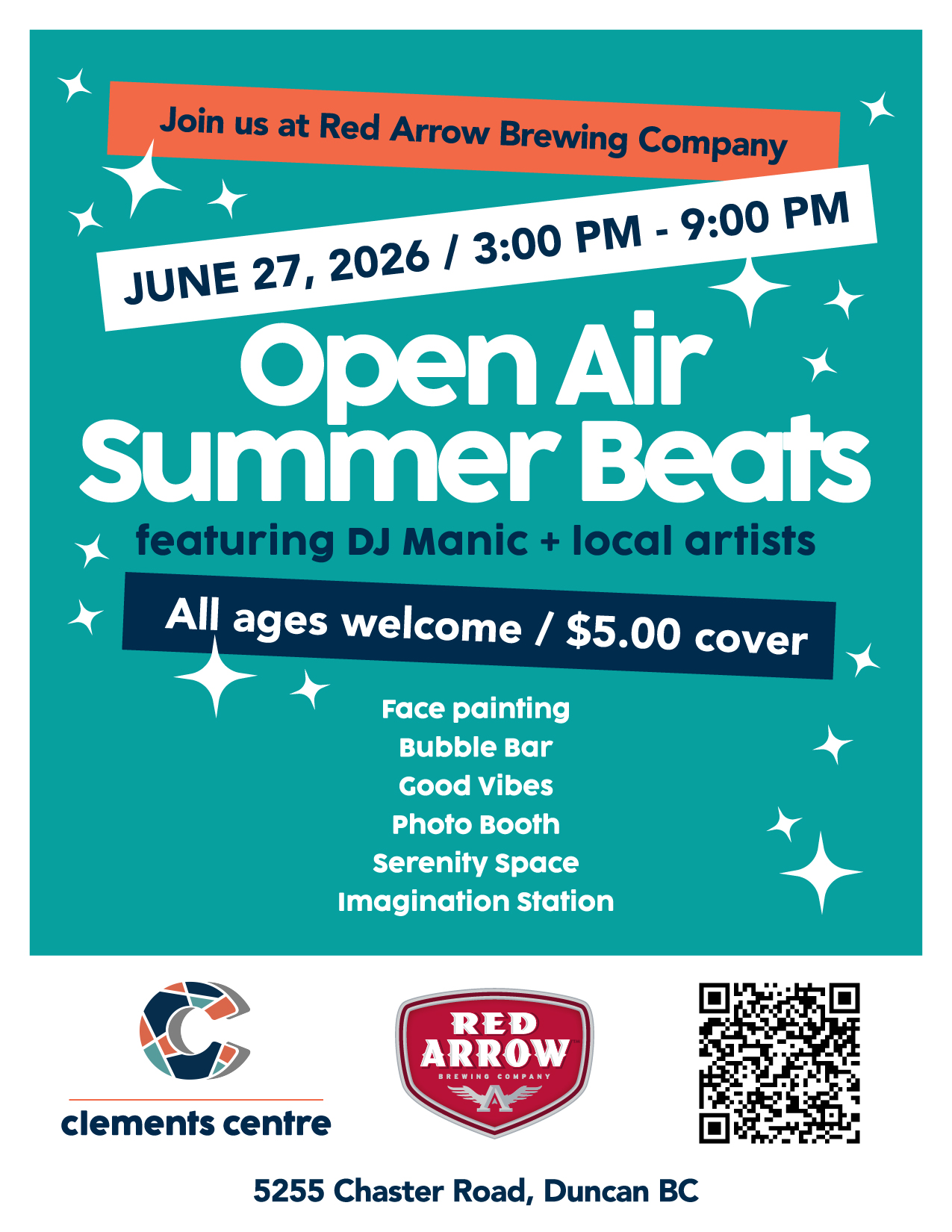 Open Air Summer Beats poster. Saturday, June 27, 2026, from 3:00 PM to 9:00 PM at Red Arrow Brewing Company, 5255 Chaster Road, Duncan, BC. Featuring DJ Manic and local artists. All ages welcome, five dollar cover.
